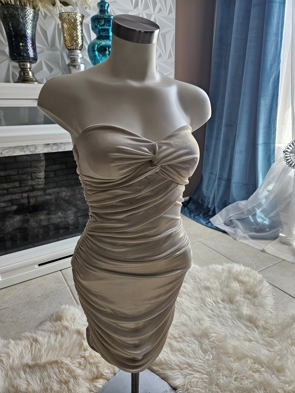 As U Wish Strapless Ruched Bodycon Dress in Champagne Gold